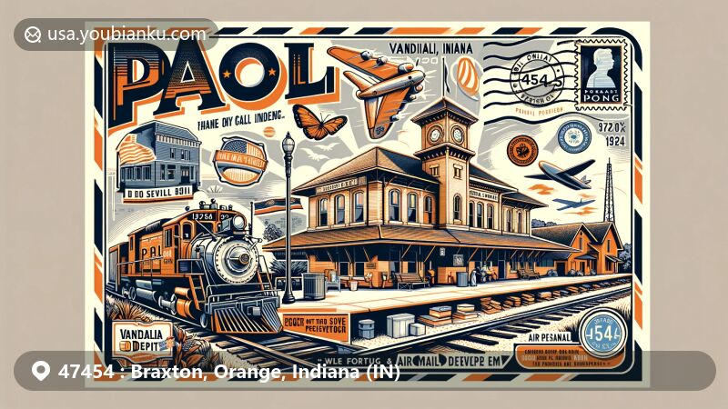 Vibrant illustration of Paoli, Indiana, capturing the essence of community pride and preservation efforts at the Vandalia Railroad Depot. Features classic train, postal themes, and ZIP code 47454.