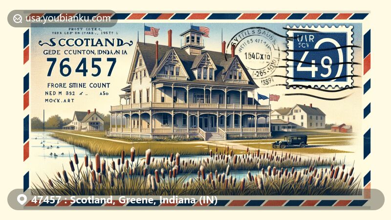 Modern illustration of Scotland, Greene County, Indiana, showcasing the Scotland Hotel against the backdrop of Greene County's natural beauty and cattails, designed as a wide-format postcard with postal elements.