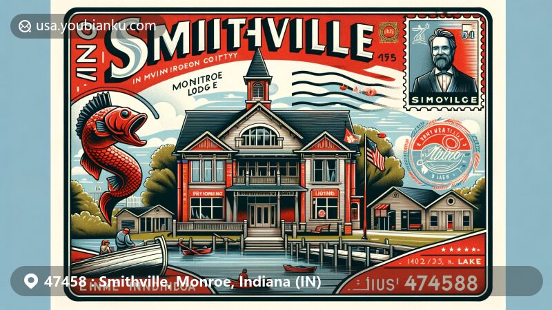 Modern illustration of Smithville, Monroe County, Indiana, showcasing Red Men fraternal lodge and Monroe Lake, the largest lake in Indiana for bass fishing and outdoor activities, blending historical and natural elements with postal design.
