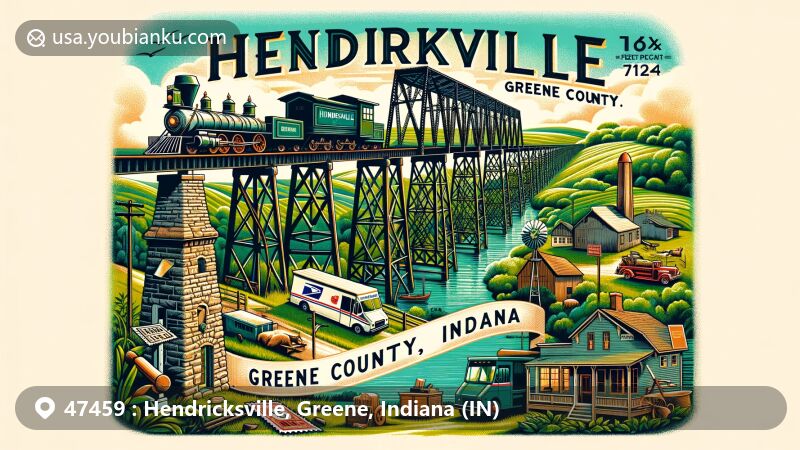 Modern illustration of Hendricksville, Greene County, Indiana, featuring Tulip Trestle, historic steel railroad bridge, vintage postal elements, and ZIP code 47459.