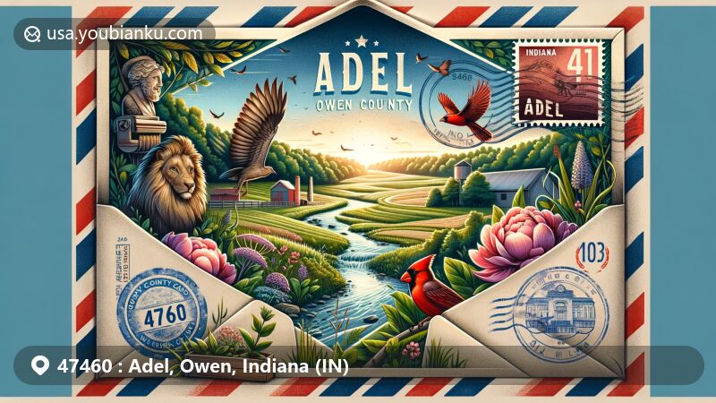 Modern illustration of Adel area, Owen County, Indiana, showcasing Raccoon Creek's natural beauty and postal elements for ZIP code 47460, featuring peony and Cardinal symbols.