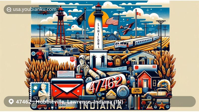 Modern illustration of Hobbieville, Lawrence County, Indiana, featuring postal elements like vintage stamps and envelopes, with a focus on ZIP code 47462 and local landmarks like Storm Cemetery.