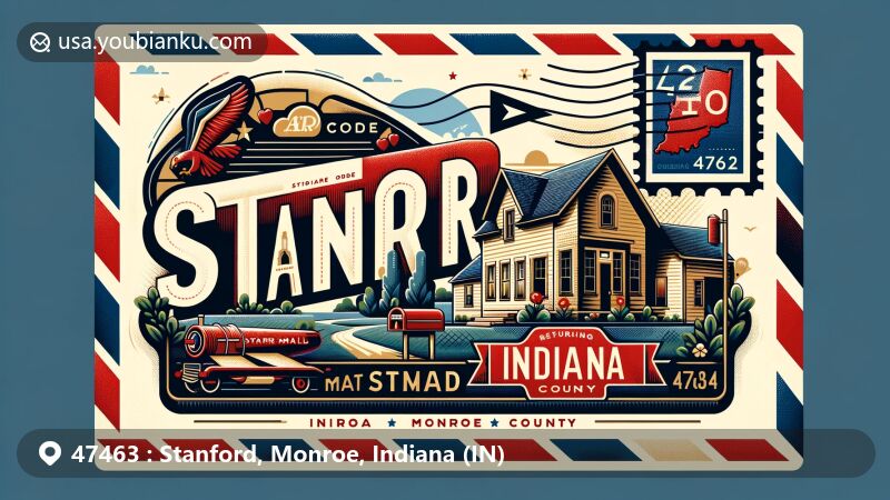Modern illustration of Stanford, Monroe County, Indiana, featuring ZIP code 47463, state symbols, and scenic depiction of Stanford's rural landscape or historical building.