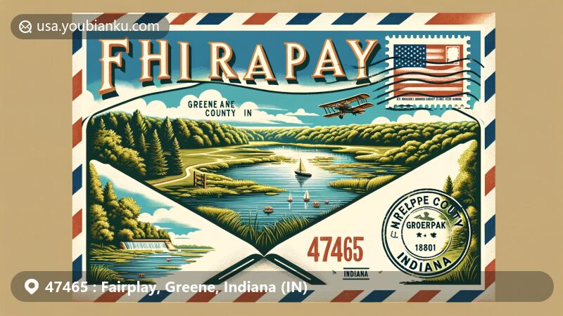 Vivid modern illustration of Fairplay, Greene County, Indiana, for ZIP code 47465, in a postcard-style design highlighting the scenic beauty of Shakamak State Park with three lakes and lush greenery.