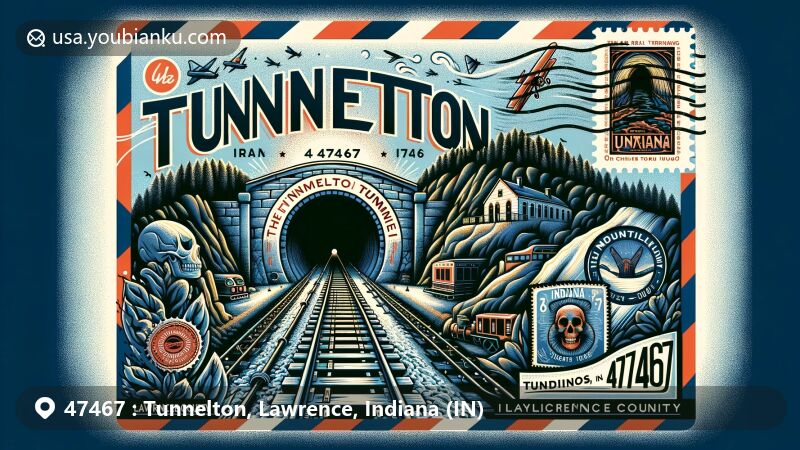 Modern illustration of Big Tunnel in Tunnelton, Lawrence County, Indiana, featuring postal theme with ZIP code 47467, incorporating airmail envelope border and vintage stamps, capturing the area's rich history and ghostly legends.