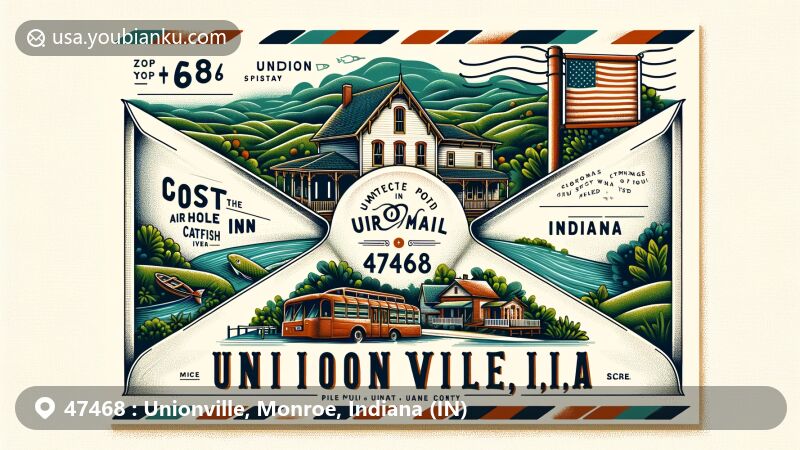 Vintage-style illustration of Unionville, Indiana, featuring a postcard theme with ZIP code 47468, highlighting local landmarks like the Port Hole Inn known for catfish and community spirit, set against Indiana's picturesque hills and state flag.