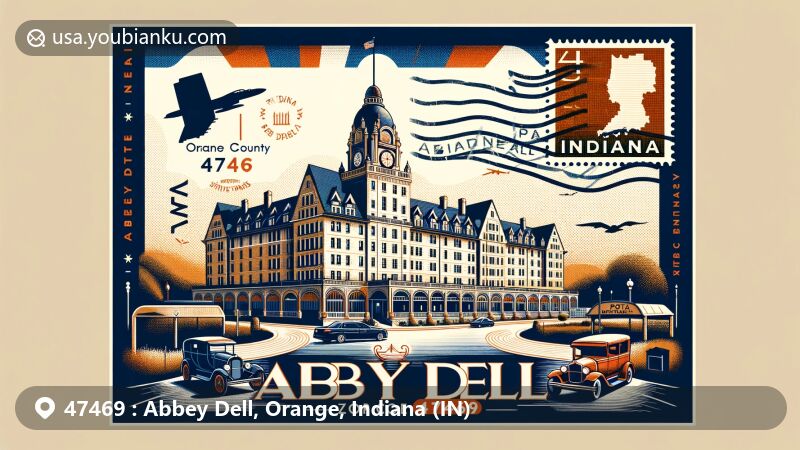 Modern illustration of Abbey Dell, Orange County, Indiana, highlighting West Baden Springs Hotel and postal theme with ZIP code 47469, showcasing Indiana silhouette and vintage postcard elements.