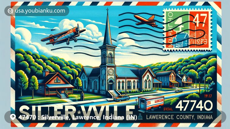 Modern illustration of Silverville, Lawrence County, Indiana, showcasing postal theme with ZIP code 47470, featuring vintage postcard design and regional symbols.