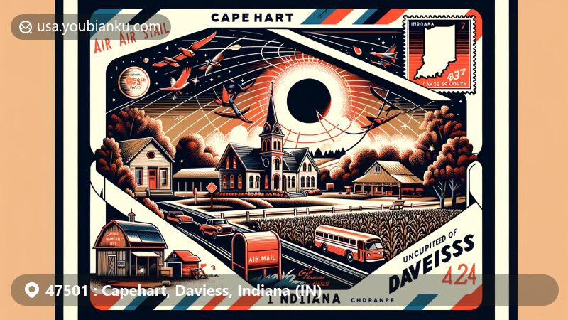 Modern illustration of Capehart, Daviess County, Indiana, featuring key elements like air mail envelope, geographical location, agriculture, Amish community, solar eclipse, Native American heritage, red mailbox, postal stamp, postmark, and ZIP code 47501.