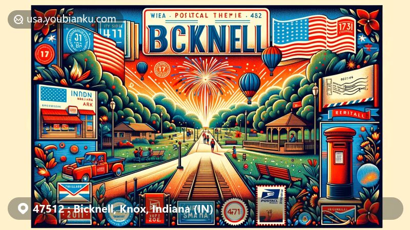 Modern illustration of Bicknell, Indiana, ZIP code 47512, showcasing local charm with city parks, Southside Park's walking track, and elements of Bicknell Heritage Festival like fireworks and parade.