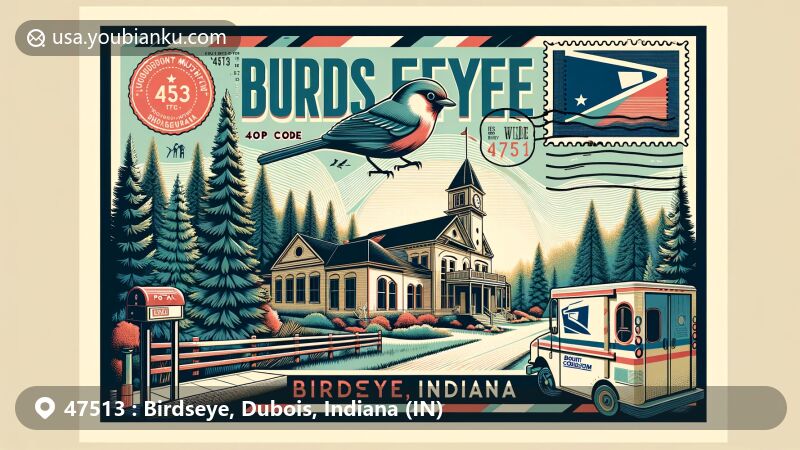 Modern illustration of Birdseye, Indiana, showcasing postal theme with ZIP code 47513, featuring Hoosier National Forest, Dubois County Museum, and classic postal symbols.