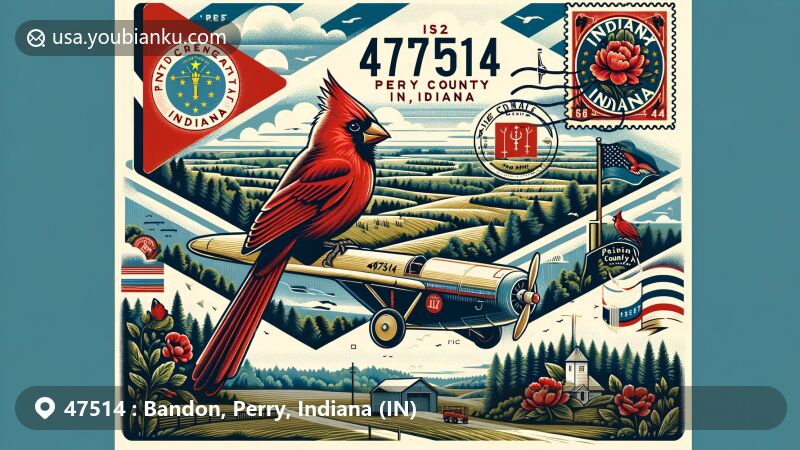 Modern illustration of Bandon, Perry County, Indiana, featuring aviation-style envelope with ZIP code 47514, iconic Indiana symbols like the Cardinal and Peony, Hoosier National Forest backdrop, vintage postage stamp, and postmark from Bandon.