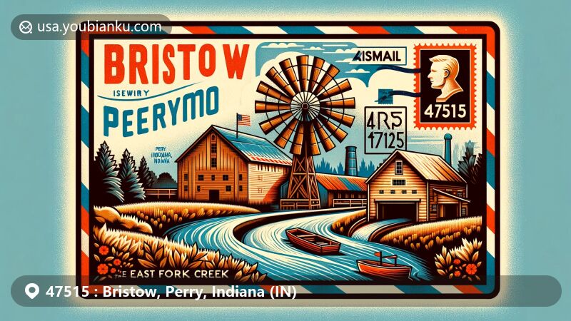 Modern illustration of Bristow, Perry County, Indiana, featuring a vintage airmail envelope design with historical elements like the 'Slabtown' nickname, East Fork Creek, and Bristow Flour Mill, along with a fictitious airmail stamp displaying the Indiana state flag and ZIP code 47515.