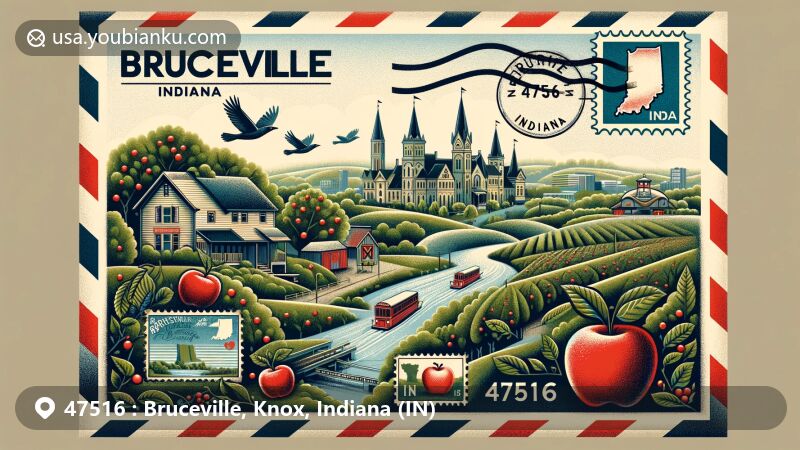 Modern illustration of Bruceville, Indiana, highlighting apple motifs and local attractions with ZIP code 47516, set against an air mail envelope backdrop.