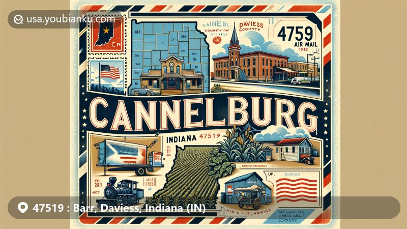Modern illustration of Cannelburg, Indiana, featuring Daviess County outline, Main Street, farmland imagery, vintage postal elements, and ZIP code 47519, reflecting the town's community spirit, coal mining heritage, and agricultural significance.