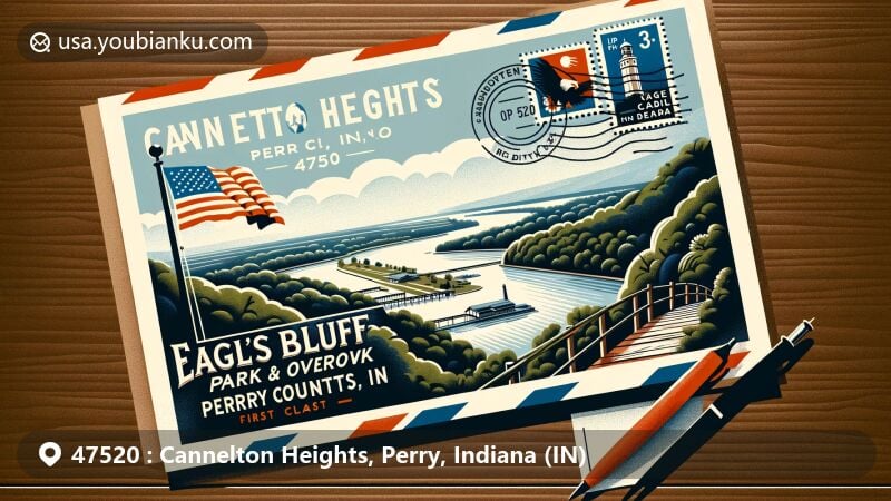 Modern illustration of Eagle's Bluff Park and Overlook in Cannelton Heights, Perry County, Indiana, featuring airmail envelope with ZIP code 47520, Indiana flag, and scenic postage stamp.