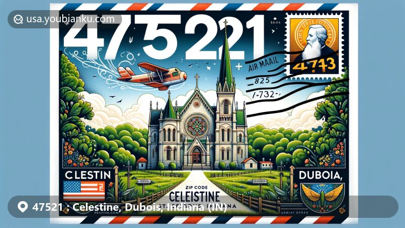 Illustration of Celestine area in Dubois County, Indiana, showcasing air mail envelope design with St. Peter Celestine Church, Indiana state flag stamp, and historic postmark, set against vibrant greenery of Celestine Park.