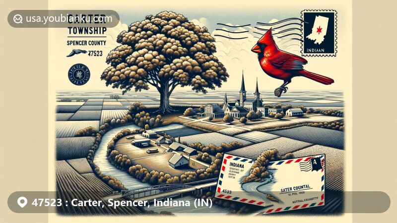 Modern illustration of Dale town, Carter Township, Spencer County, Indiana, featuring Indiana's Tulip Poplar and Northern Cardinal against a backdrop integrating Spencer County's outline, with a vintage air mail envelope showcasing Indiana state flag and ZIP code 47523.