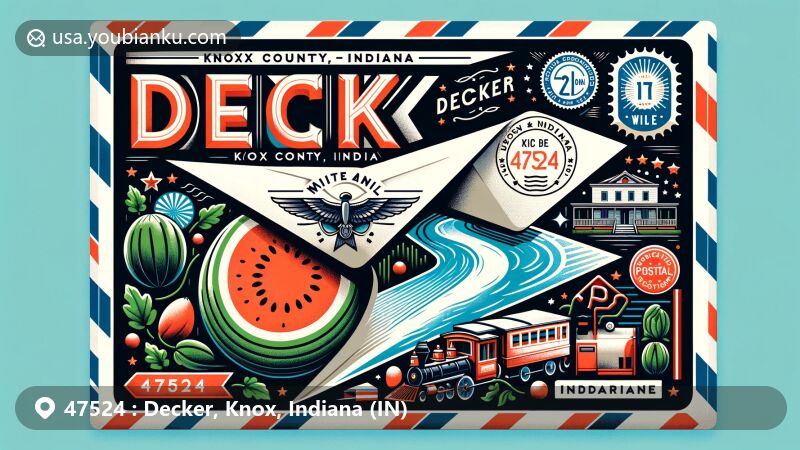 Modern illustration of Decker, Knox County, Indiana, with ZIP code 47524, featuring air mail envelope integrated with town symbols like White River, watermelons, and cantaloupes, highlighted by Indiana state flag.