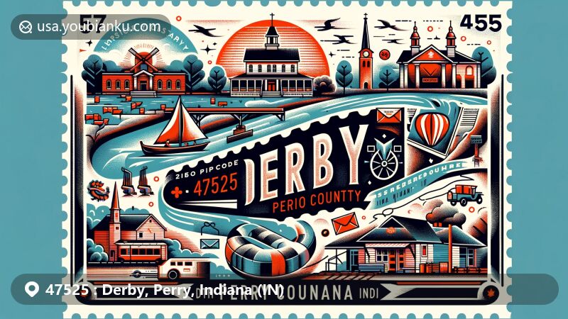 Modern illustration of Derby, Perry County, Indiana, featuring natural beauty of the Ohio River, historical distillery and chair factory, St. Mary's Catholic Church, Perry County River Port, and Hoosier Southern Railroad.