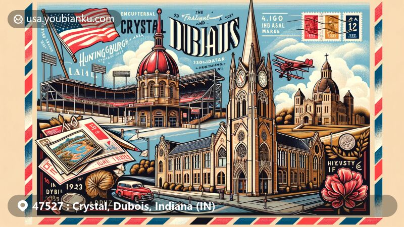 Modern illustration of Crystal and Dubois areas in Crawford County, Indiana, showcasing local cultural and historical landmarks with a postal theme and ZIP code 47527, featuring Huntingburg League Stadium, St. Joseph Catholic Church, Dubois County Courthouse, and Monastery Immaculate Conception.