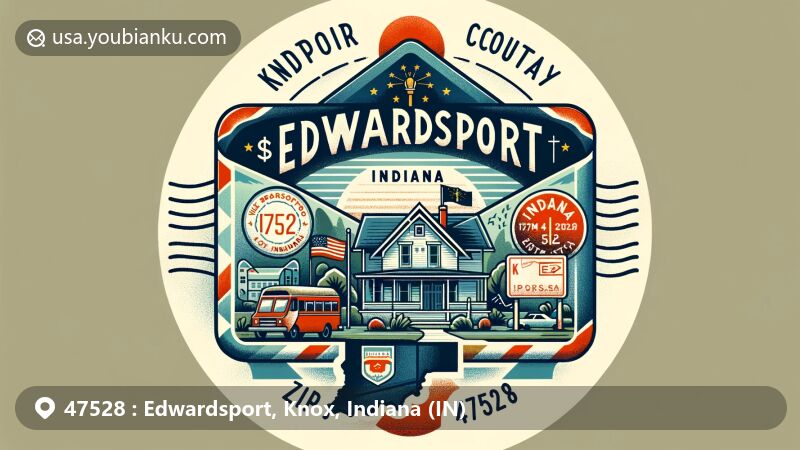 Illustration of Edwardsport, Knox, Indiana, portraying local charm with a vintage airmail envelope, featuring map outline of Knox County, Indiana state flag, Alfred Simonson House, and postal elements.