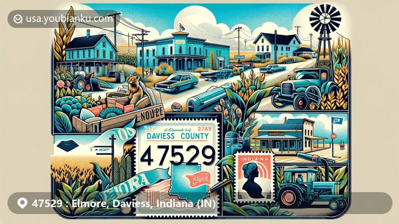 Modern illustration of Elmore, Daviess County, Indiana, showcasing postal theme with ZIP code 47529, featuring small-town charm, agriculture heritage, and Indiana's natural beauty, with vintage postcard design and postal stamps.