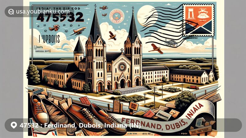 Modern illustration of Ferdinand, Dubois, Indiana, capturing ZIP Code 47532 and Monastery Immaculate Conception, blending Romanesque revival architecture with postal theme and German heritage.