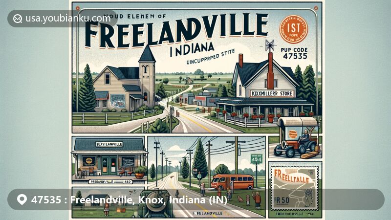 Modern illustration of Freelandville, Indiana, with postal theme showcasing ZIP code 47535, featuring Kixmiller's Store, 'Happy Street,' and Indiana state symbols.