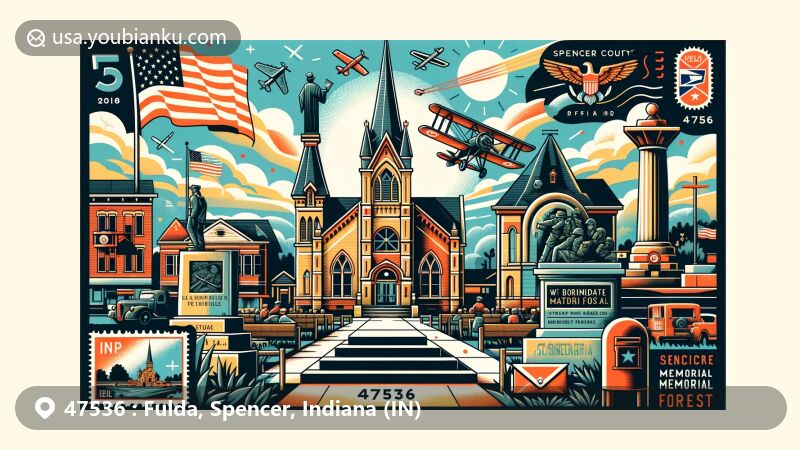 Modern illustration of Fulda, Indiana, featuring St. Boniface Catholic Church, WWII veterans memorial, and postal elements with ZIP code 47536.