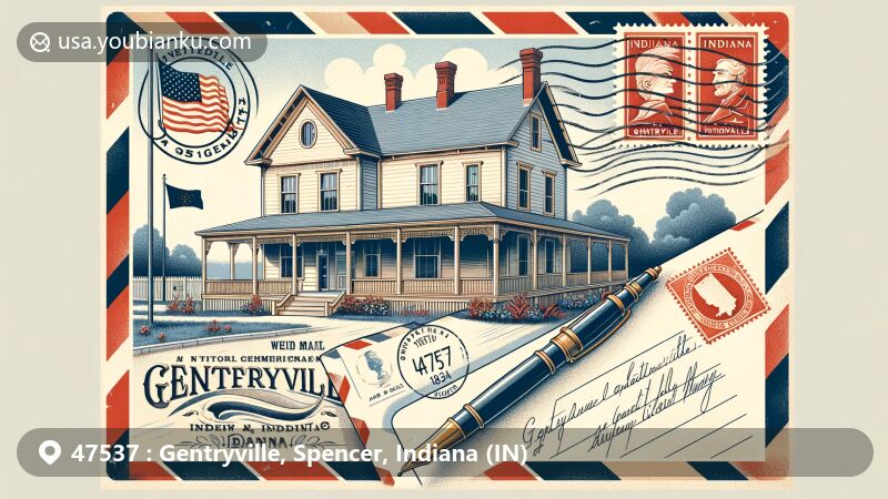 Modern illustration of Gentryville, Indiana, featuring Colonel Jones Home and vintage postal theme with ZIP code 47537, Indiana state flag, and historic postal elements.