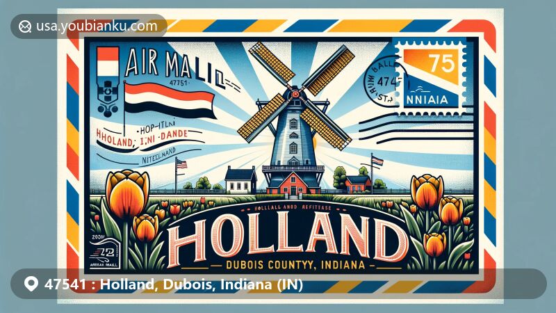 Modern illustration of Holland, Dubois County, Indiana, with German heritage and postal theme, featuring Holland Windmill and tulips, Indiana state flag, and postal elements like a stamp, postmark, and air mail stripe.