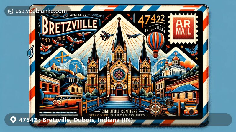 Creative illustration of Bretzville, Dubois, Indiana, representing ZIP code 47542 as an airmail envelope with St. Joseph Catholic Church, Monastery Immaculate Conception, Thyen-Clark Cultural Center, and Huntingburg League Stadium.