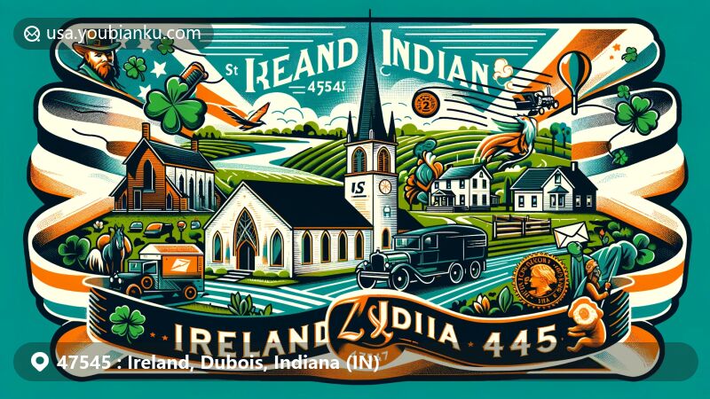 Modern illustration of Ireland, Indiana, Dubois County, featuring St. Mary's Church, St. Patrick's Day celebrations with Irish symbols, rural landscape, vintage postal stamp, envelope, and postal truck with ZIP code 47545, showcasing town's culture and history.