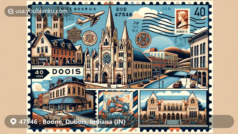 Modern illustration of Boone, Dubois, Indiana, showcasing landmarks and cultural symbols with postal-themed designs, featuring Old Jasper District, St. Joseph Catholic Church, Dubois County Museum, and Monastery Immaculate Conception.