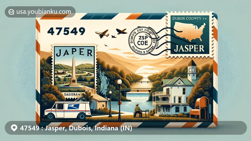 Modern illustration of Jasper, Dubois County, Indiana, showcasing postal theme with ZIP code 47549, portraying Jasper Riverwalk and Dubois County Soldiers & Sailors Monument.