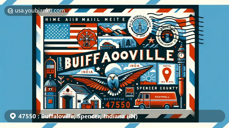 Modern illustration of Buffaloville, Indiana 47550, highlighting postal theme with creative blend of Indiana state symbols and geographical hints, featuring stamps, mailboxes, postal vehicles, and simulated postmarks, along with 'Buffaloville, IN 47550' label.
