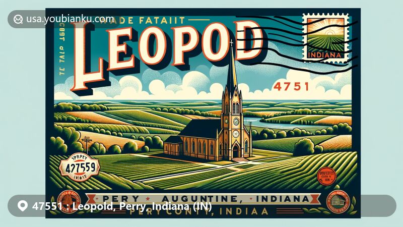 Modern illustration of Leopold, Perry County, Indiana, showcasing St. Augustine's Roman Catholic Church and postal theme with ZIP code 47551, featuring rural landscape and Indiana state symbols.
