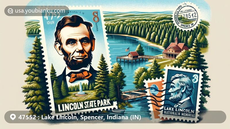 Modern illustration of Lincoln State Park and Lincoln Boyhood National Memorial in Indiana, featuring creatively designed postcard and stamp with postal elements and vivid colors.