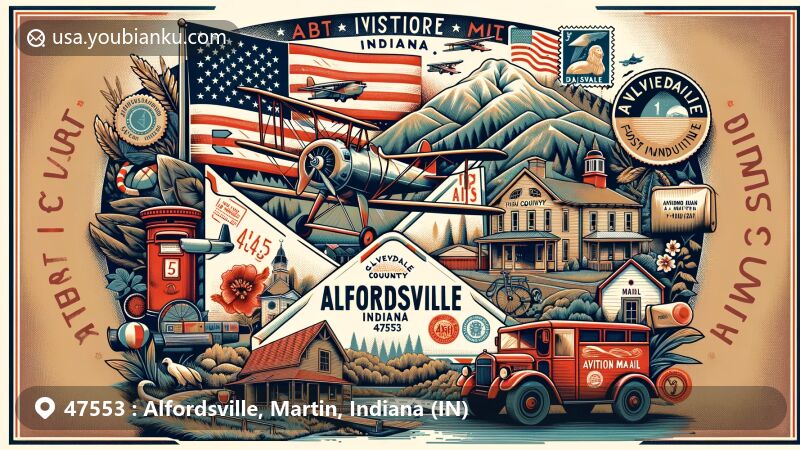 Modern illustration of Alfordsville, Indiana, showcasing postal theme with ZIP code 47553, featuring Indiana state flag, Daviess County landscape, Glendale Fish and Wildlife Area, Dogwood Lake, aviation mail envelope, postal stamps, founding year 1845, red mailbox, and mail truck.