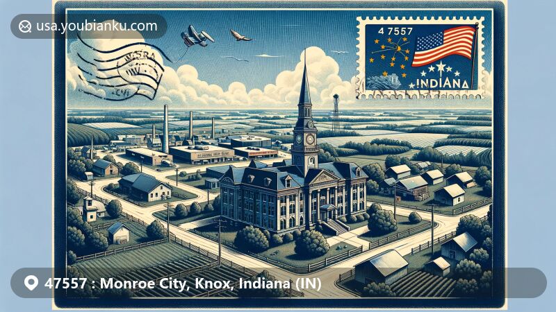 Modern illustration of Monroe City, Knox County, Indiana, highlighting small-town charm and community spirit with Blue Jeans Community Center, lush landscapes, and Indiana state flag.