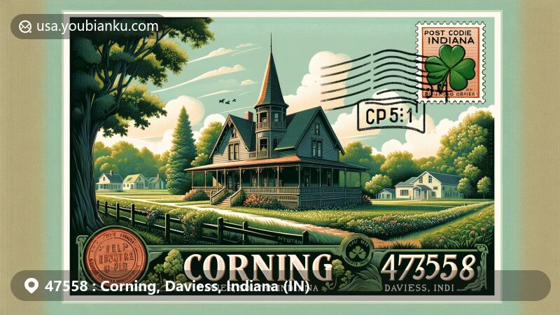 Modern illustration of Corning, Daviess, Indiana, showcasing postal theme with ZIP code 47558, featuring Corning Heritage Center and Irish cultural references.