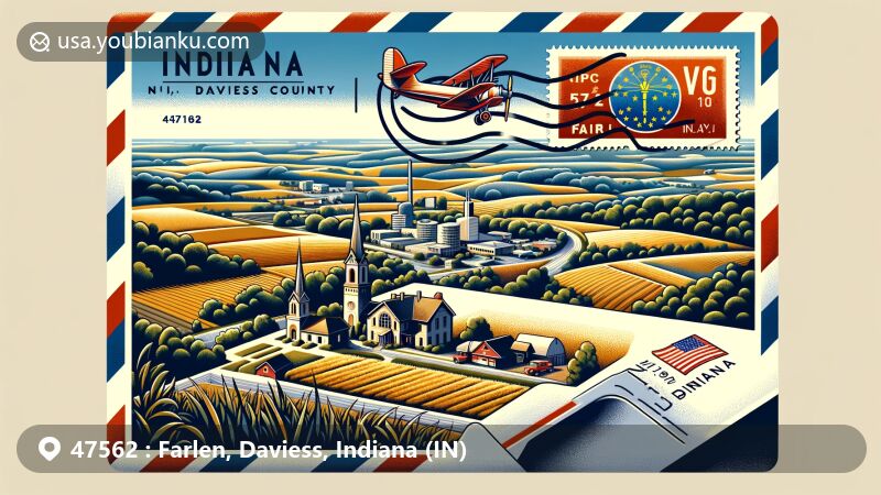 Modern illustration of Farlen, Daviess County, Indiana, featuring rural landscape with undulating hills, agricultural fields, and the White River, centered around a postal theme with a vintage airmail envelope containing a postcard of Farlen and postal elements like airmail border, Indiana state flag stamp, and ZIP code 47562 postmark.