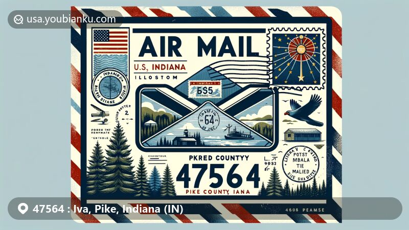 Modern illustration of Iva, Pike County, Indiana, highlighting postal theme with ZIP code 47564, featuring a creatively designed air mail envelope containing elements like a map outline of Pike County, the Indiana state flag, and natural symbols like forests. The ZIP code 47564 is prominently displayed with traditional postal symbols and the state bird Cardinal on a postage stamp.