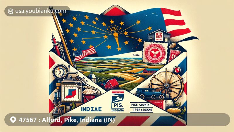 Modern illustration of Alford, Pike County, Indiana, highlighting vintage airmail envelope with symbols representing postal theme, including state map of Pike County, Indiana flag backdrop, postal stamps, and rural scenery.