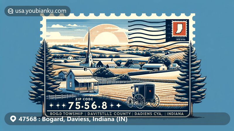 Serene rural landscape of Bogard Township, Daviess County, Indiana, featuring Cornettsville, Amish buggy, and vintage postal theme with ZIP code 47568, IN state abbreviation, and Indiana state flag.