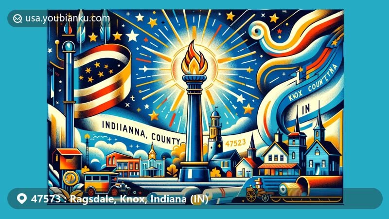 Modern illustration of Ragsdale, Knox County, Indiana, infusing postal theme with ZIP code 47573, featuring Indiana state flag elements and communication symbols.