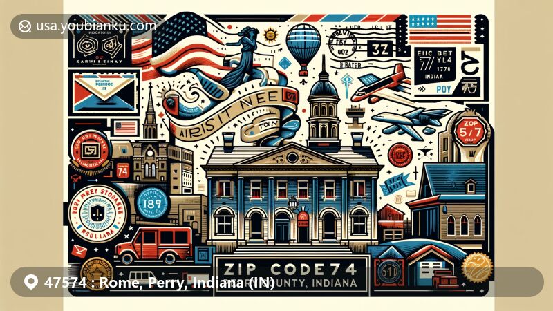 Modern illustration of Rome, Perry County, Indiana, capturing the essence of ZIP code 47574 with a postal theme, featuring historic 1818 Rome Courthouse, Ohio River, and Indiana state flag.