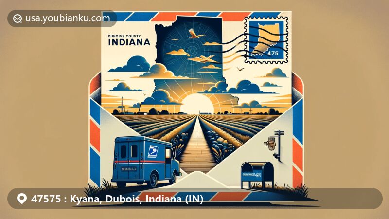 Modern illustration of Kyana, Dubois County, Indiana, capturing the essence of ZIP code 47575 with a scenic sunset field and integrated local symbols, including Dubois County silhouette, postal van, mailbox, and cloud-formed '47575' and 'Kyana' in the sky.