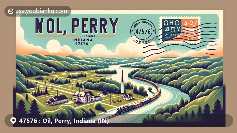 Creative illustration of Oil, Perry, Indiana, showcasing scenic beauty and local landmarks, including the Ohio River Scenic Byway and Hoosier Southern Railroad.